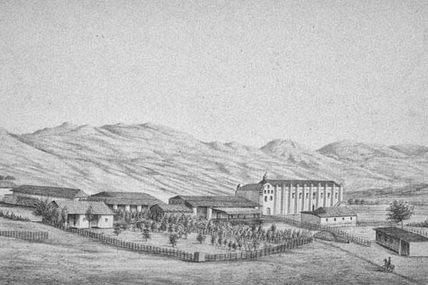 Mission in 1856, in a drawing by Henry Miller, who produced one of the most comprehensive collections depicting the California missions before the age of photography. UC Berkeley, Bancroft Library.