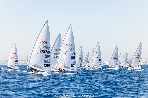ILCA sailboats racing in Los Angeles Harbor.