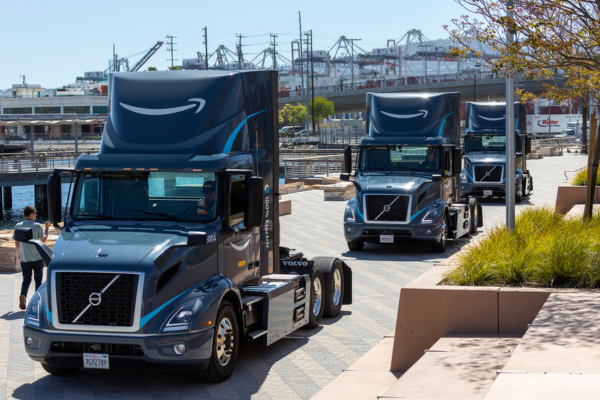 Amazon trucks lined up along the promenade at the Port of Los Angeles.