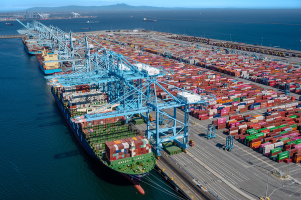 View of Pier 400, the largest container terminal at the Port of Los Angeles. 
