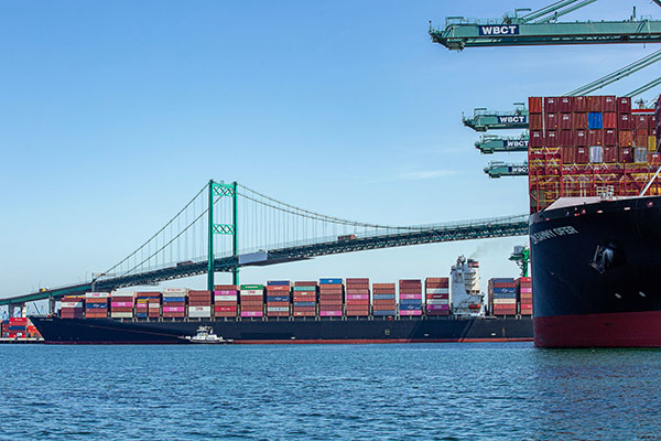 Containerships docked in the Port of Los Angeles' West Basin.