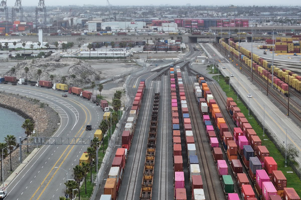 Aerial view of railyard at the Port of Los Angeles.