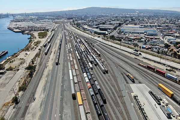 Aerial view of a railyard at the Port of Los Angeles.