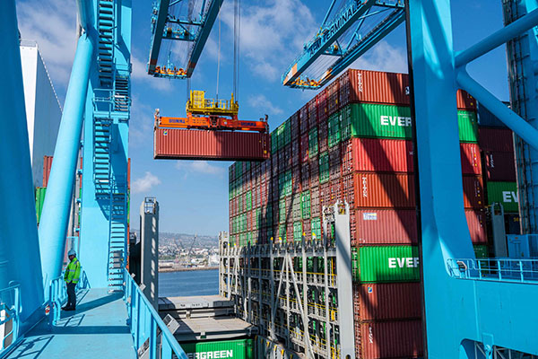 A worker on a container crane at the Port of Los Angeles. 
