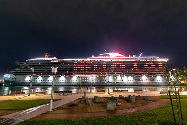 Virgin Voyages Brilliant Lady at the Los Angeles Cruise Terminal.