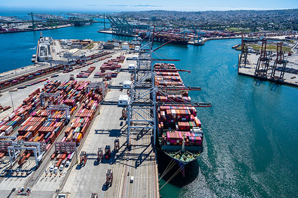 Aerial view of TraPac and West Basin container terminal at the Port of Los Angeles.