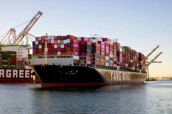 Container ship moving down the Port of Los Angeles Main Channel