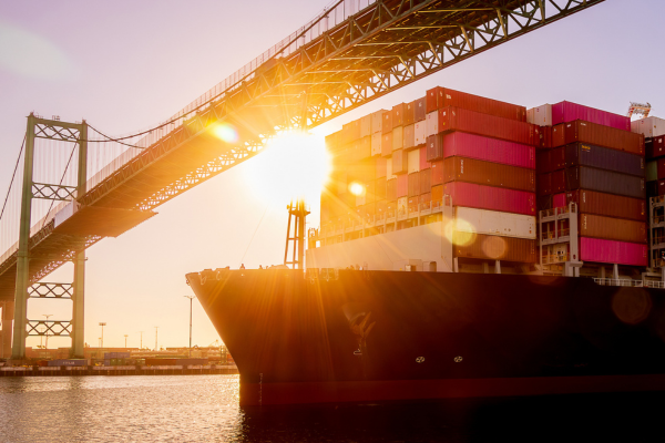 A container ship passes under the Vincent Thomas Bridge at the Port of Los Angeles